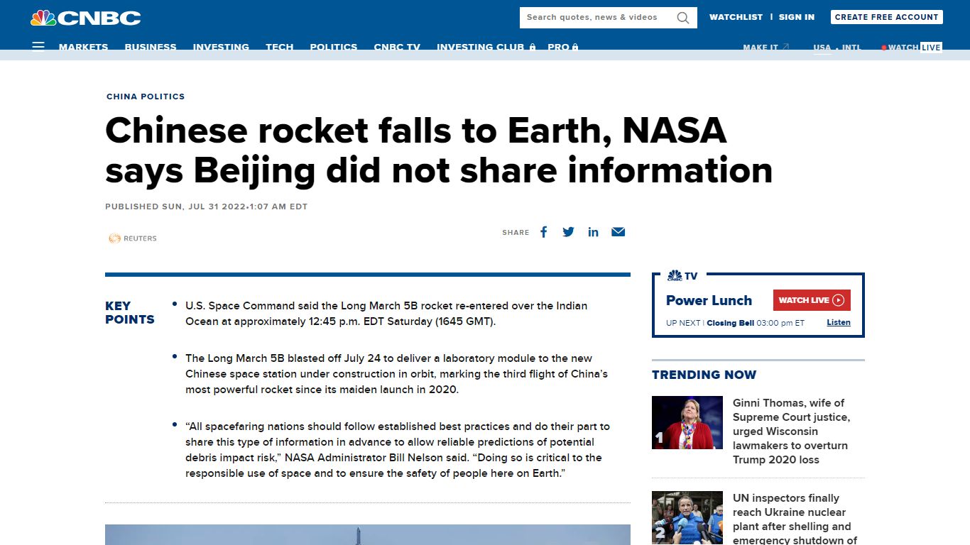 Chinese rocket falls to Earth, NASA says Beijing did not share information